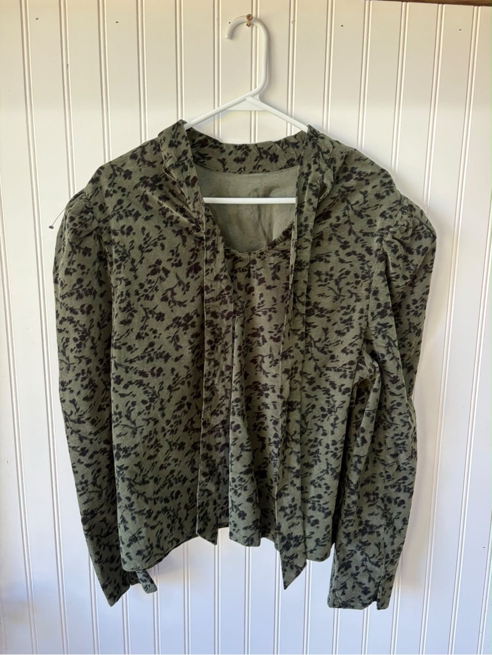 Olive green corduroy Floral-print tie neck long sleeve blouse